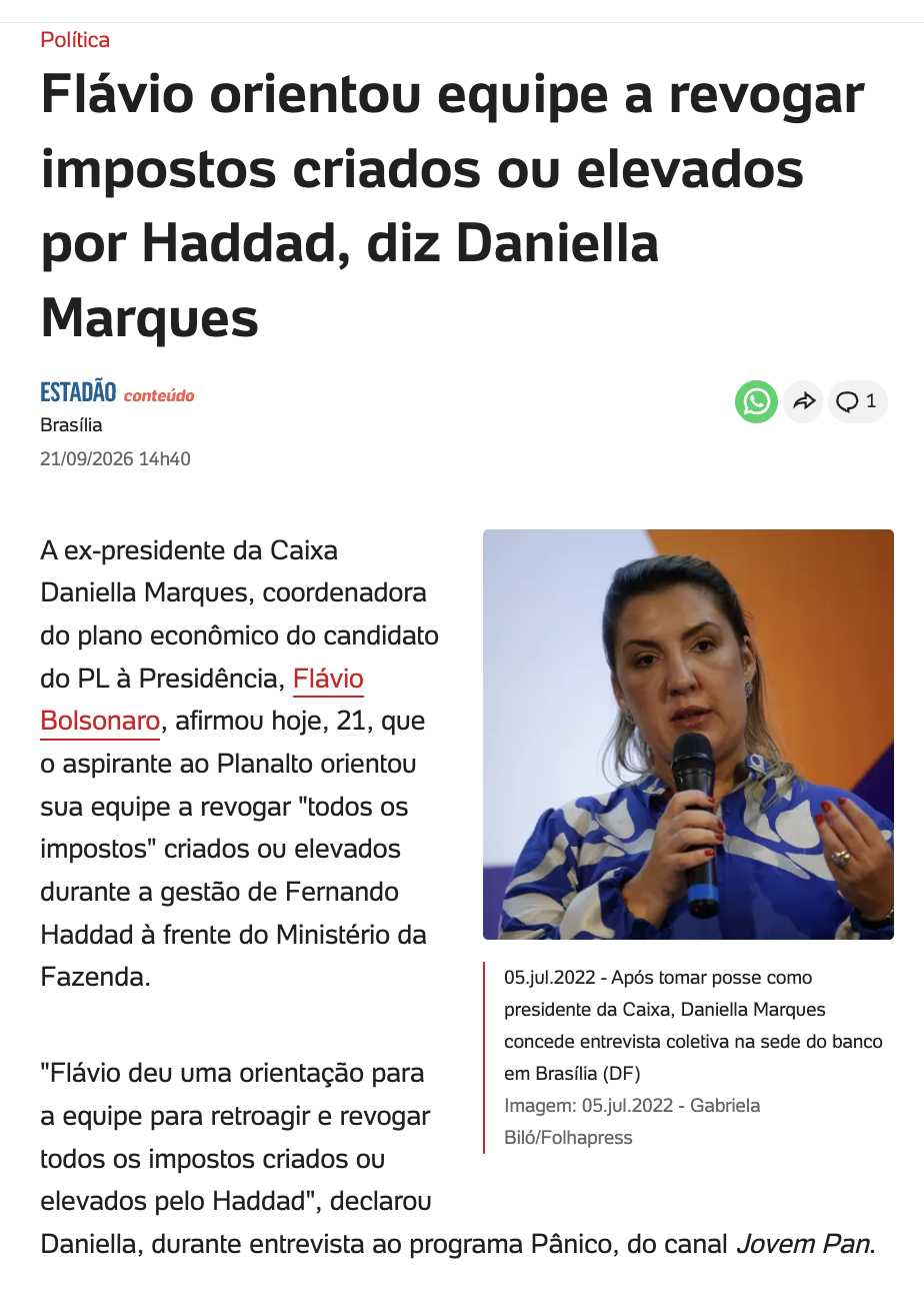 Captura da matéria do Estadão Conteúdo sobre a declaração atribuída a Flávio Bolsonaro