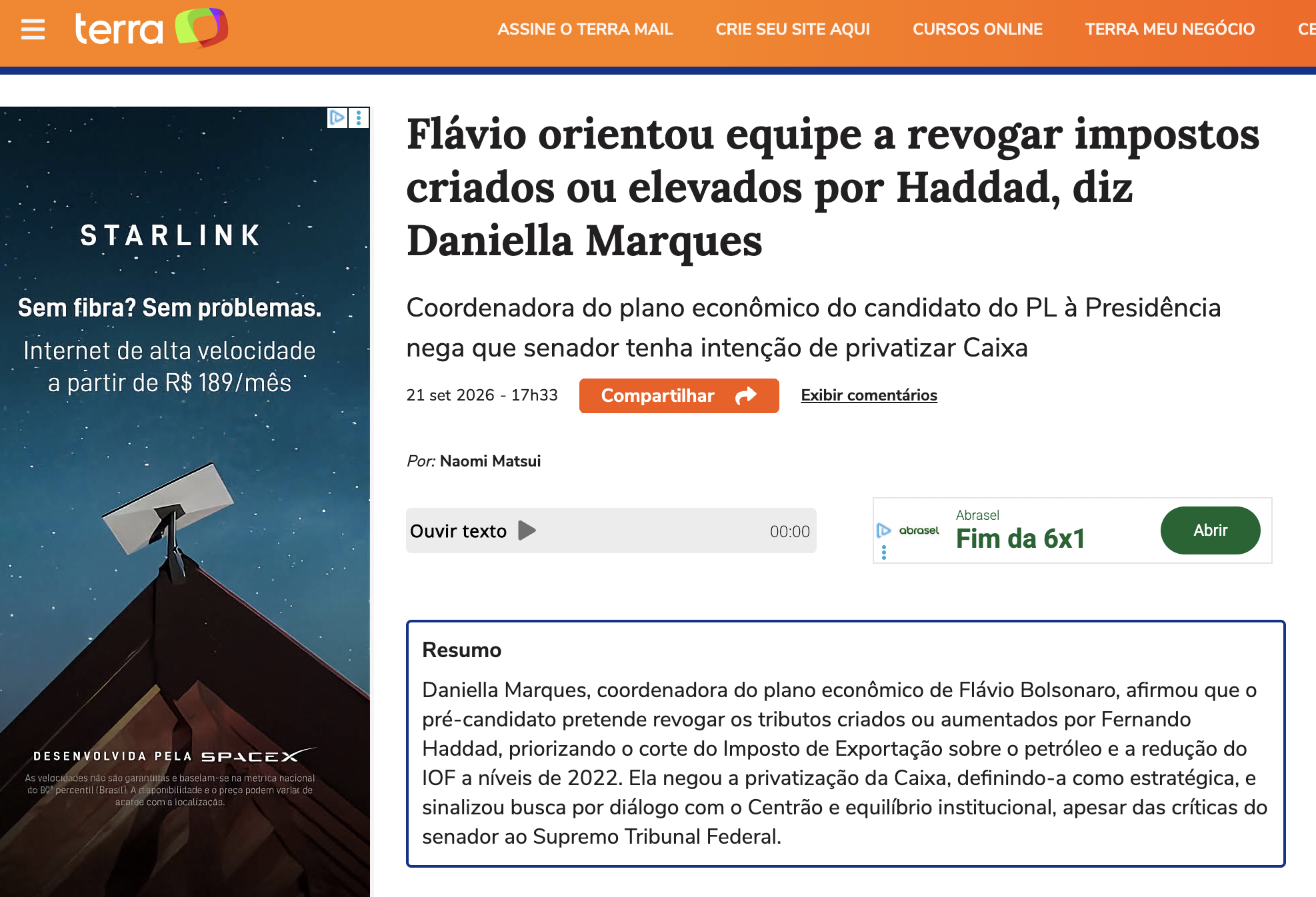 Captura da matéria do Terra sobre a declaração atribuída a Flávio Bolsonaro