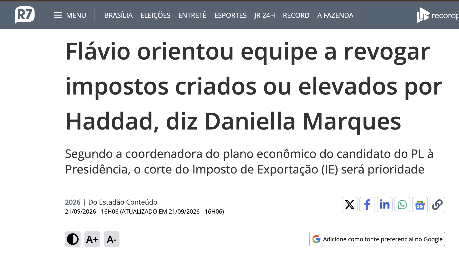 Captura da matéria do R7 sobre a declaração atribuída a Flávio Bolsonaro